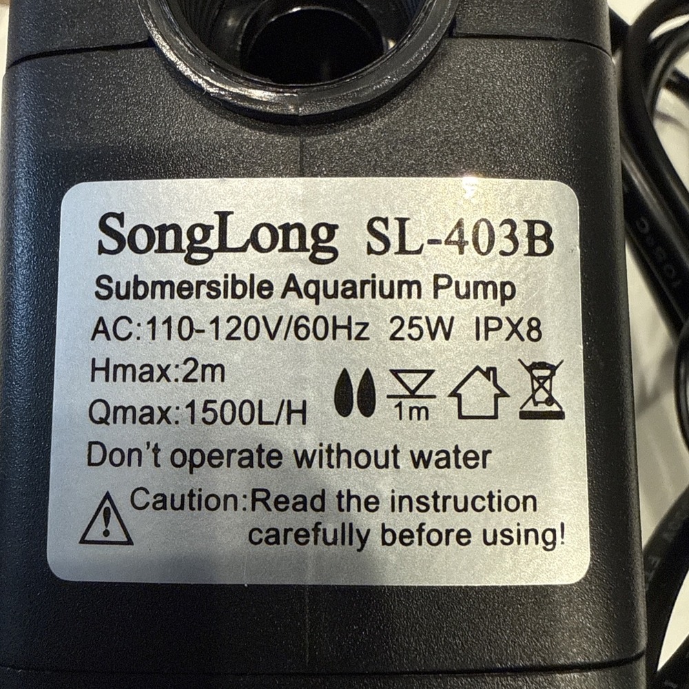 SongLong SL-403B Submersible Aquarium Water Pump 400 GPH Fish Tank Pond 25W